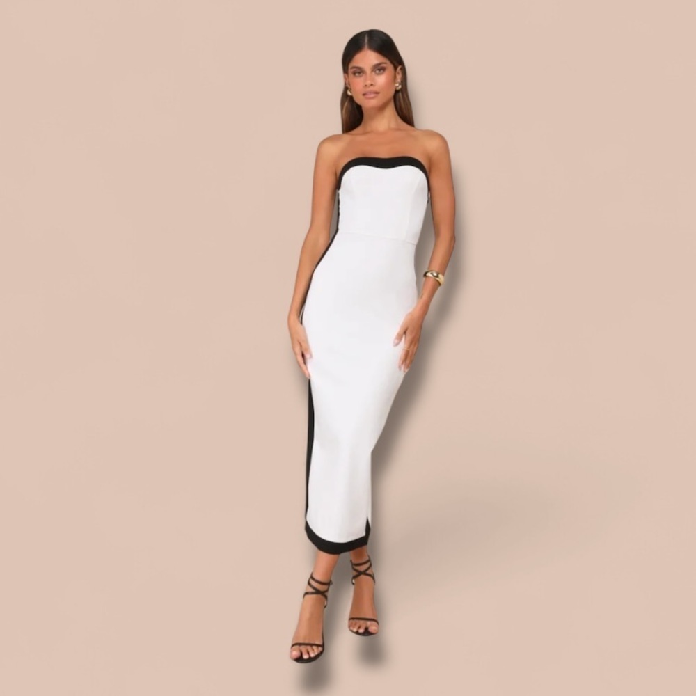 Impressive Edge White Color Block Strapless Midi Dress XXS NWOT